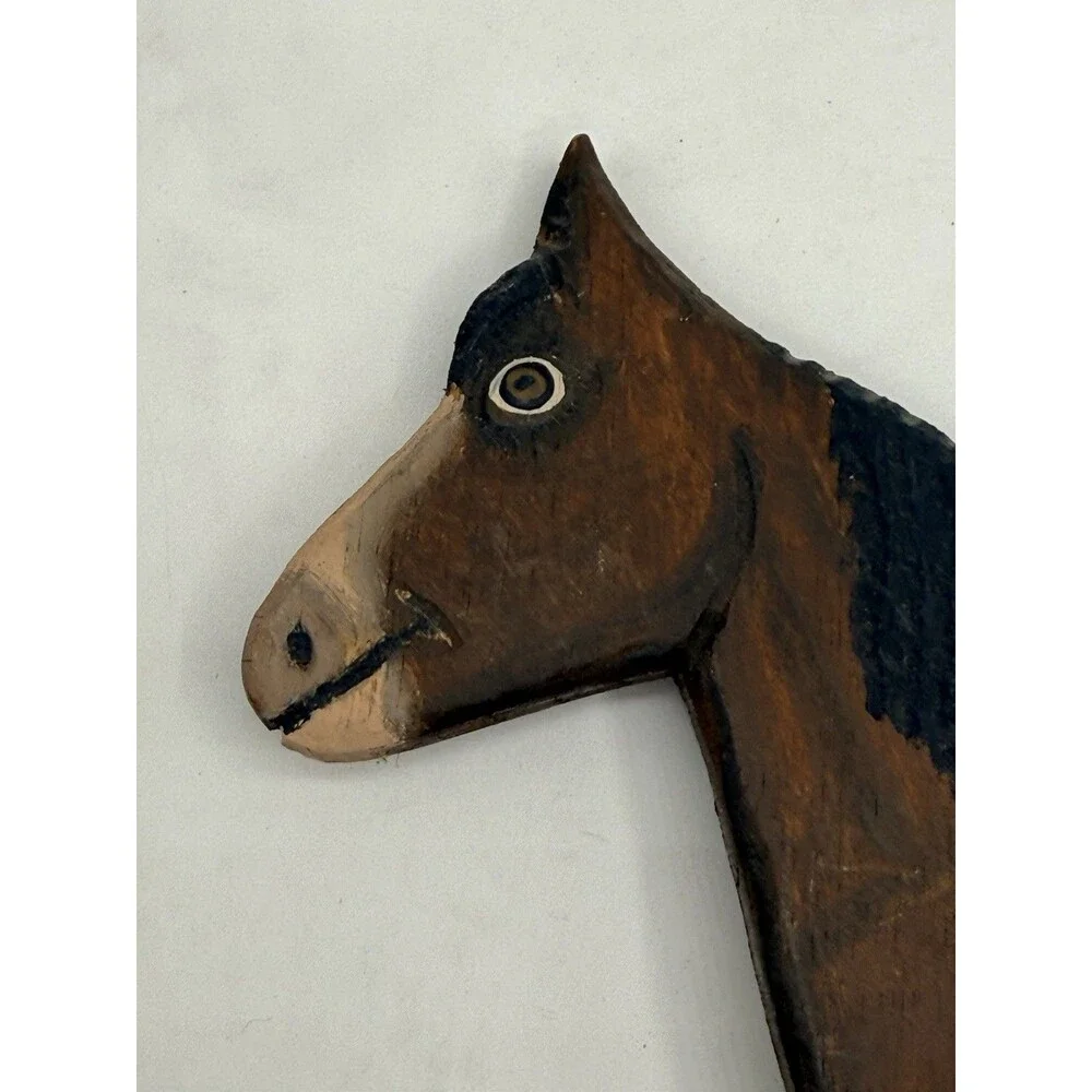 Vintage 1989 Menno Shirk Folk Art Wood Carved Brown Horse 9.5” w/ Signed Base